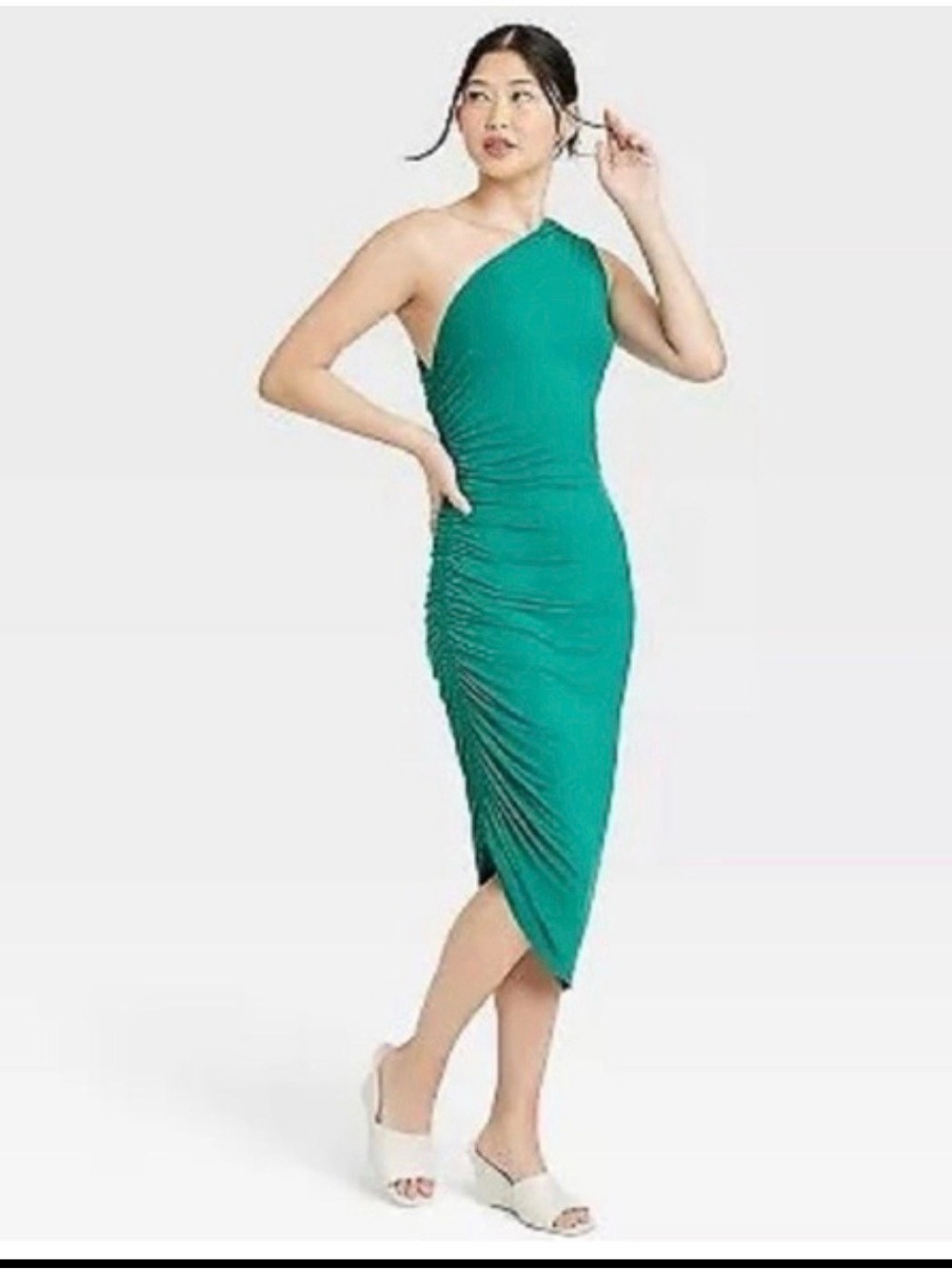 a new day One-Shoulder Ruched Midi Dress in Teal Green